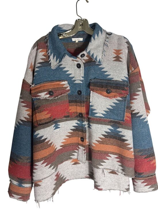LA MIEL Jackets & Blazers - La Miel Southwestern Geometric Button-Down Cropped Jacket With Frayed Edges L